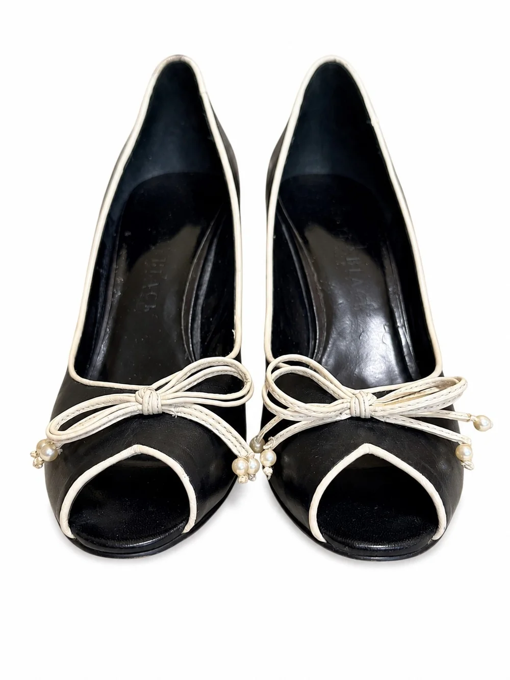 WHBM Black Cream Peep-Toe Tuxedo Pumps with Cream Pearl Bow Trim